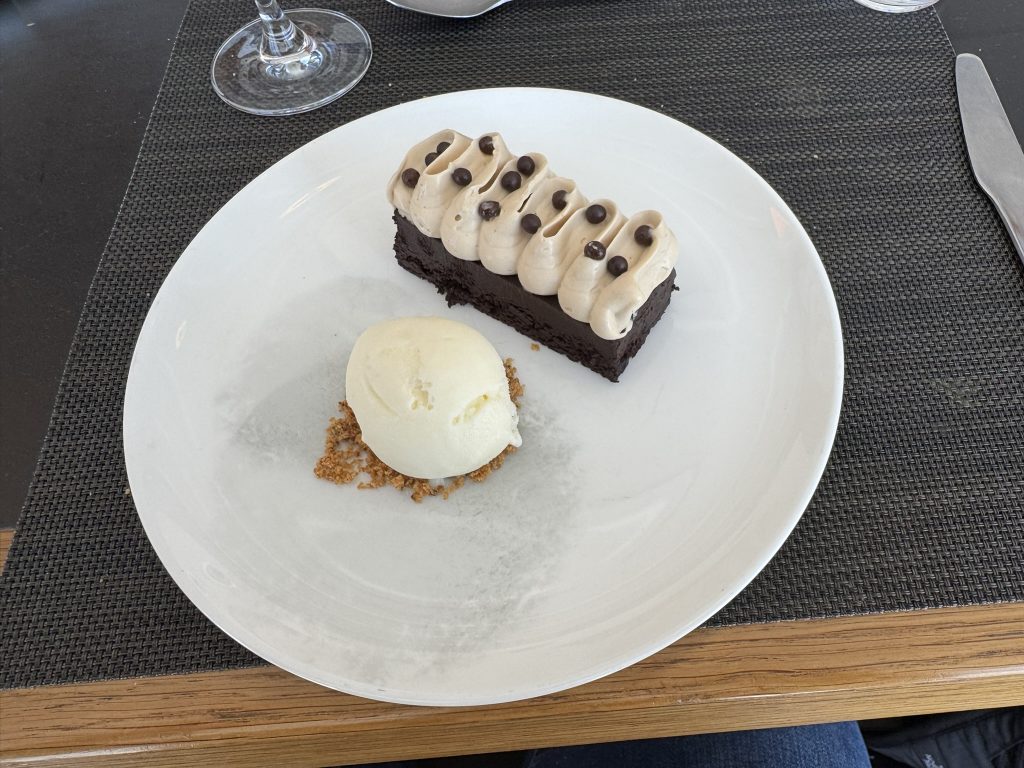 Chocolate Fudge Cake with Yoghurt Ice Cream Qantas First Class Lounge Sydney