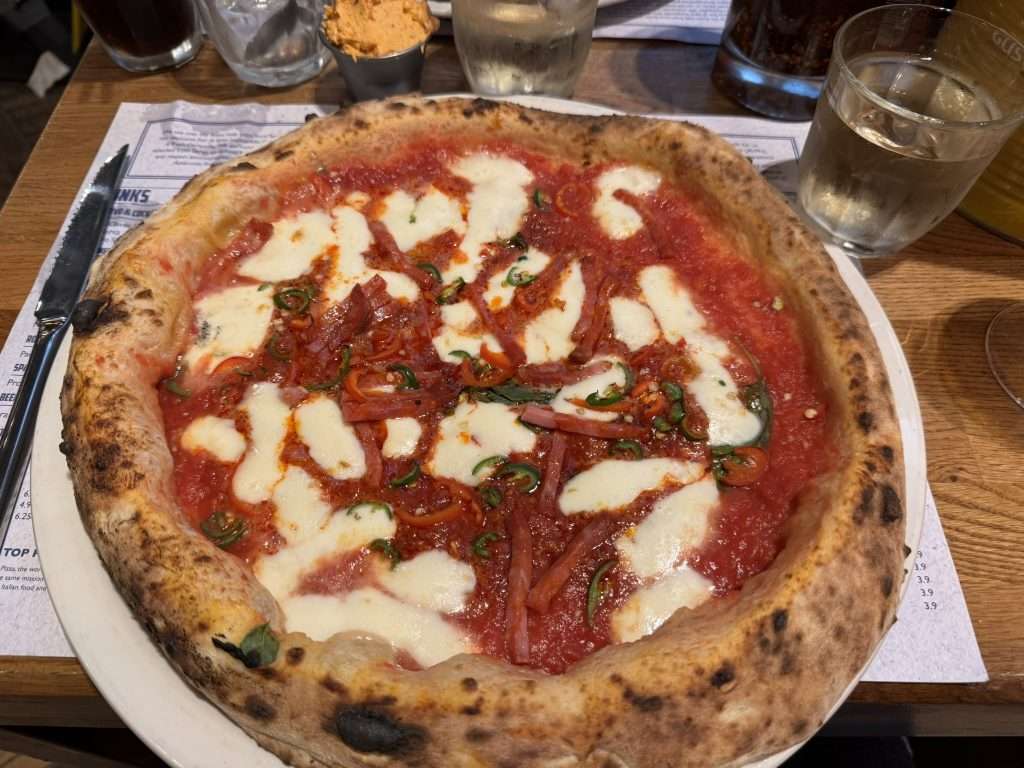 Spicy Ventricina and Nduja Sausage with tomato sugo, Mozzarella and basil Paesano Pizza Glasgow Review